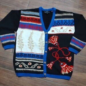 Vintage Carole Little Knitwear M wool knit sweater black blue gold tassel
